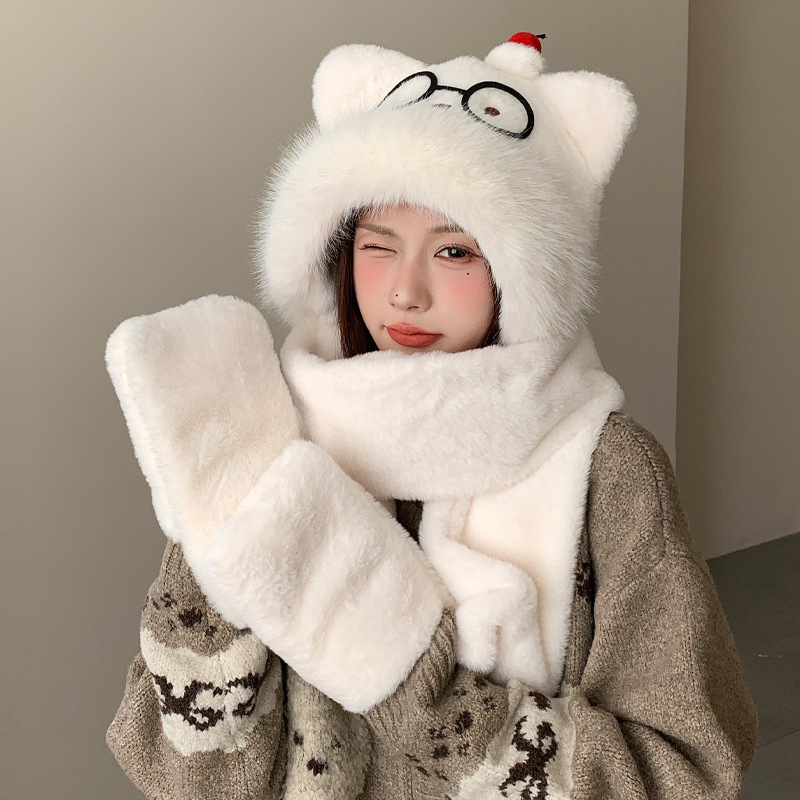 可爱眼镜猫帽子围巾手套一体冬季新款加厚毛绒保暖骑车防风三件套