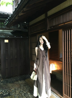 ICELOLLY双层压褶重工缎面薄纱吊带洋装女夏不规则设计感长裙子