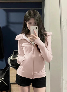 外套女款短款收腰秋季穿搭修身连帽秋天上衣紧身粉色卫衣2025新款