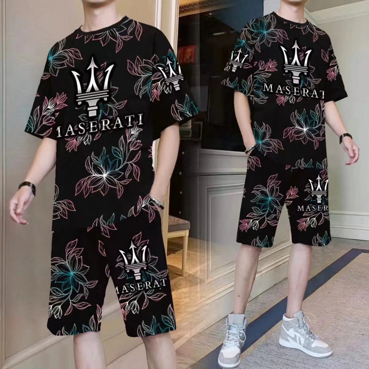 夏季男士冰丝休闲套装2025年新款潮流印花短袖短裤运动男装两件套