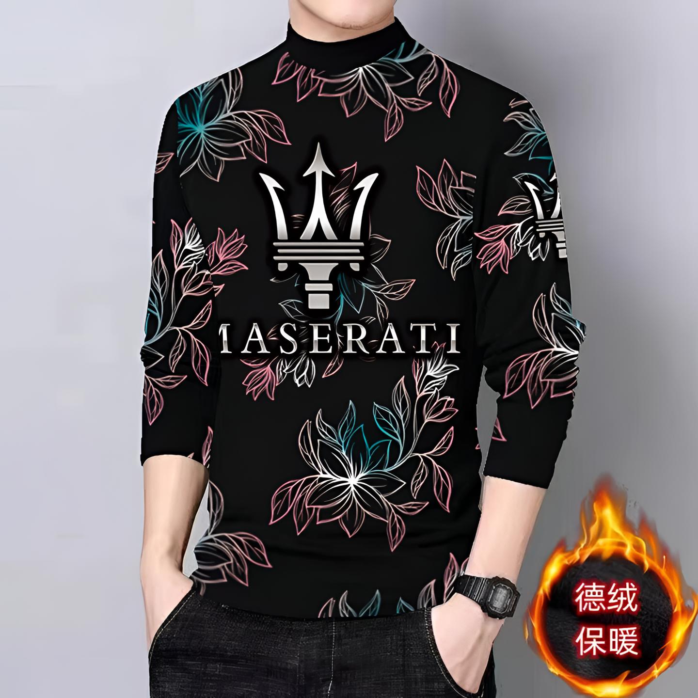 秋冬季半高领打底衫男士双面德绒保暖内搭长袖T恤潮流印花上衣服