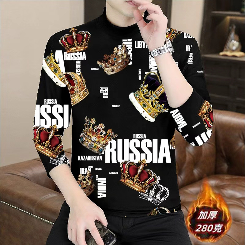 秋冬季男士半高领打底衫潮流时尚印花长袖T恤男装保暖加厚上衣服