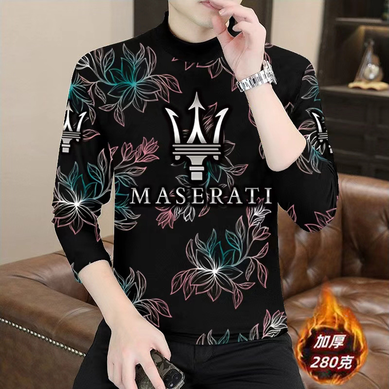 男士半高领德绒打底衫秋冬季潮流印花长袖t恤保暖加厚内搭上衣服
