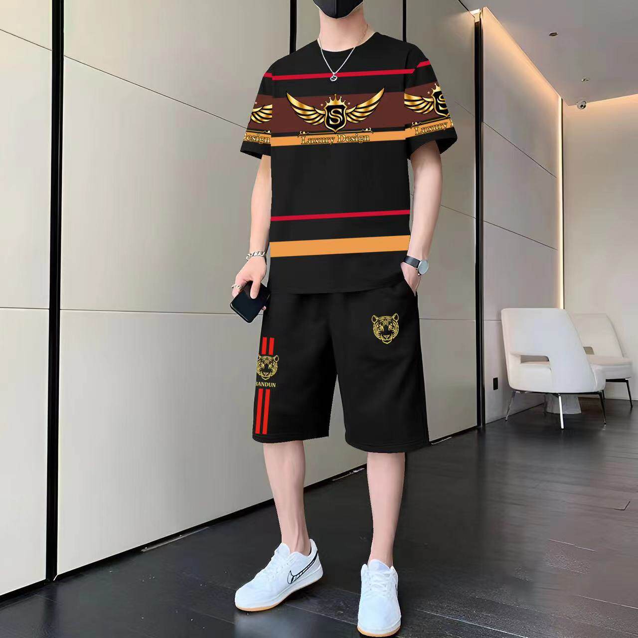 男士休闲运动服套装夏季新款潮流宽松短袖短裤男装速干冰丝两件套