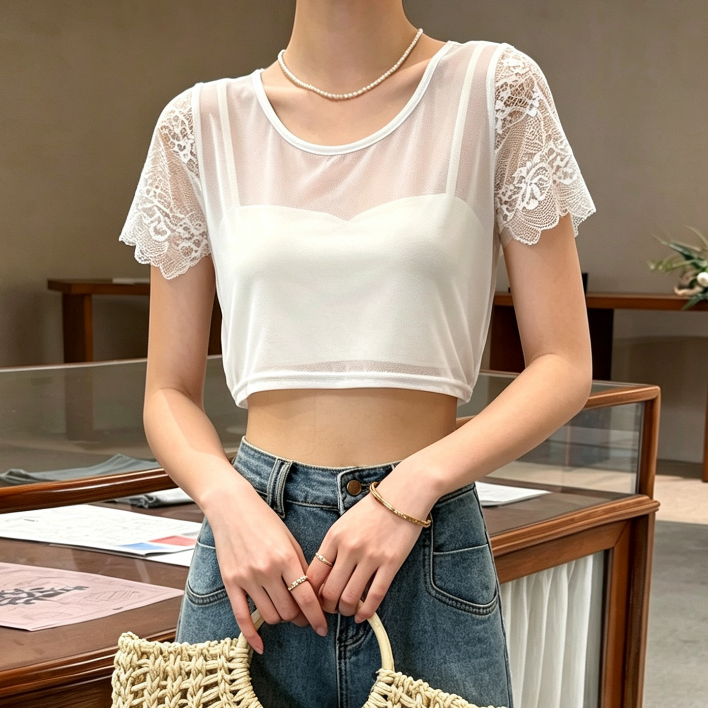 白色网纱蕾丝短袖t恤女夏季罩衫打底衫内搭短款百搭上衣新款0721e