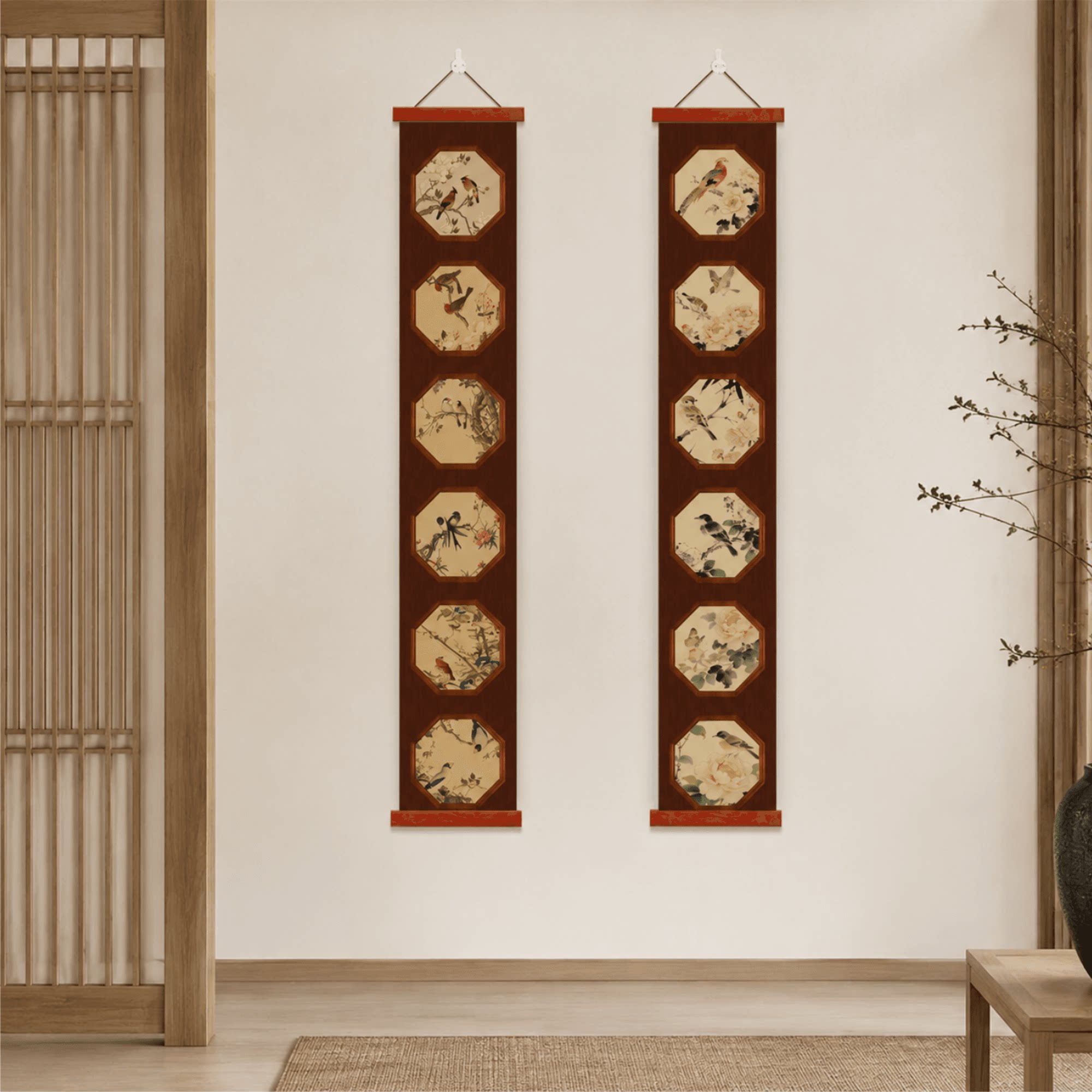 新中式花鸟长条装饰挂画客厅玄关茶室雅致国风复古手绘墙面装饰画