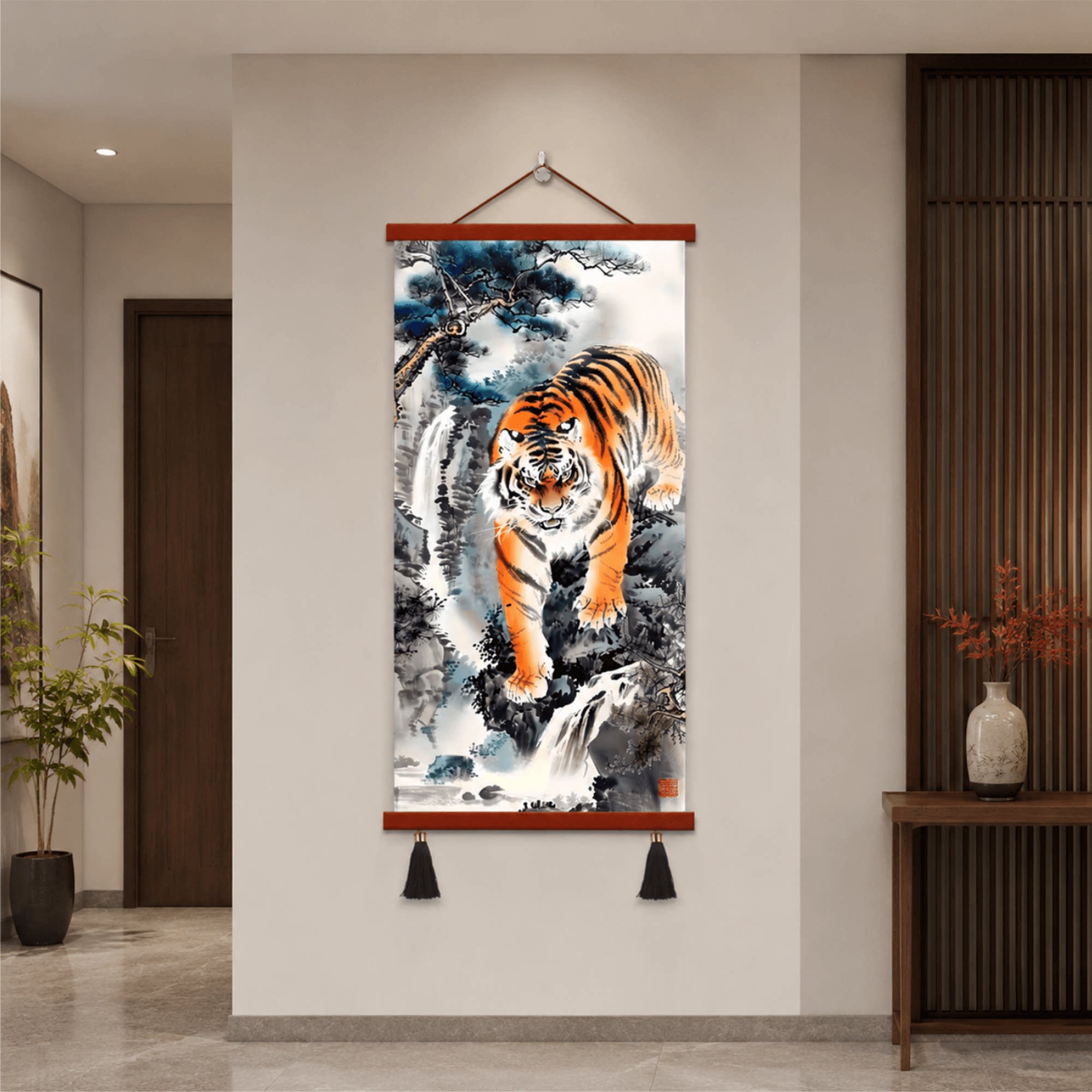 中式水墨下山虎国画玄关走廊过道装饰画客厅书房镇宅招财风水壁画