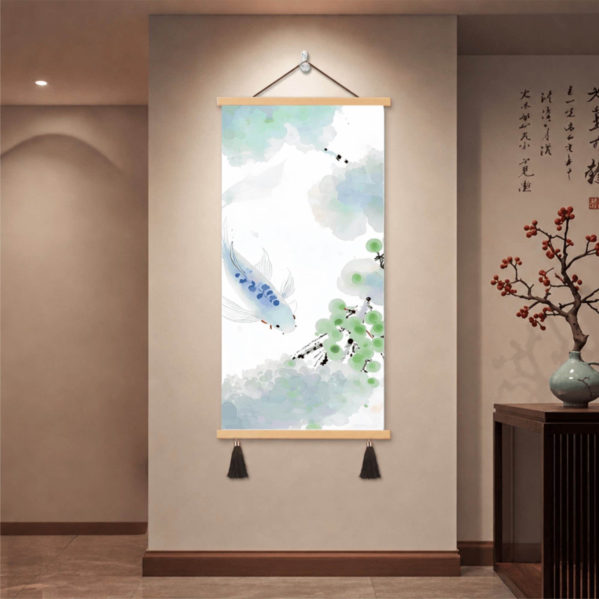 新中式轻奢水墨禅意锦鲤装饰画入户玄关走廊过道客厅茶室背景墙画