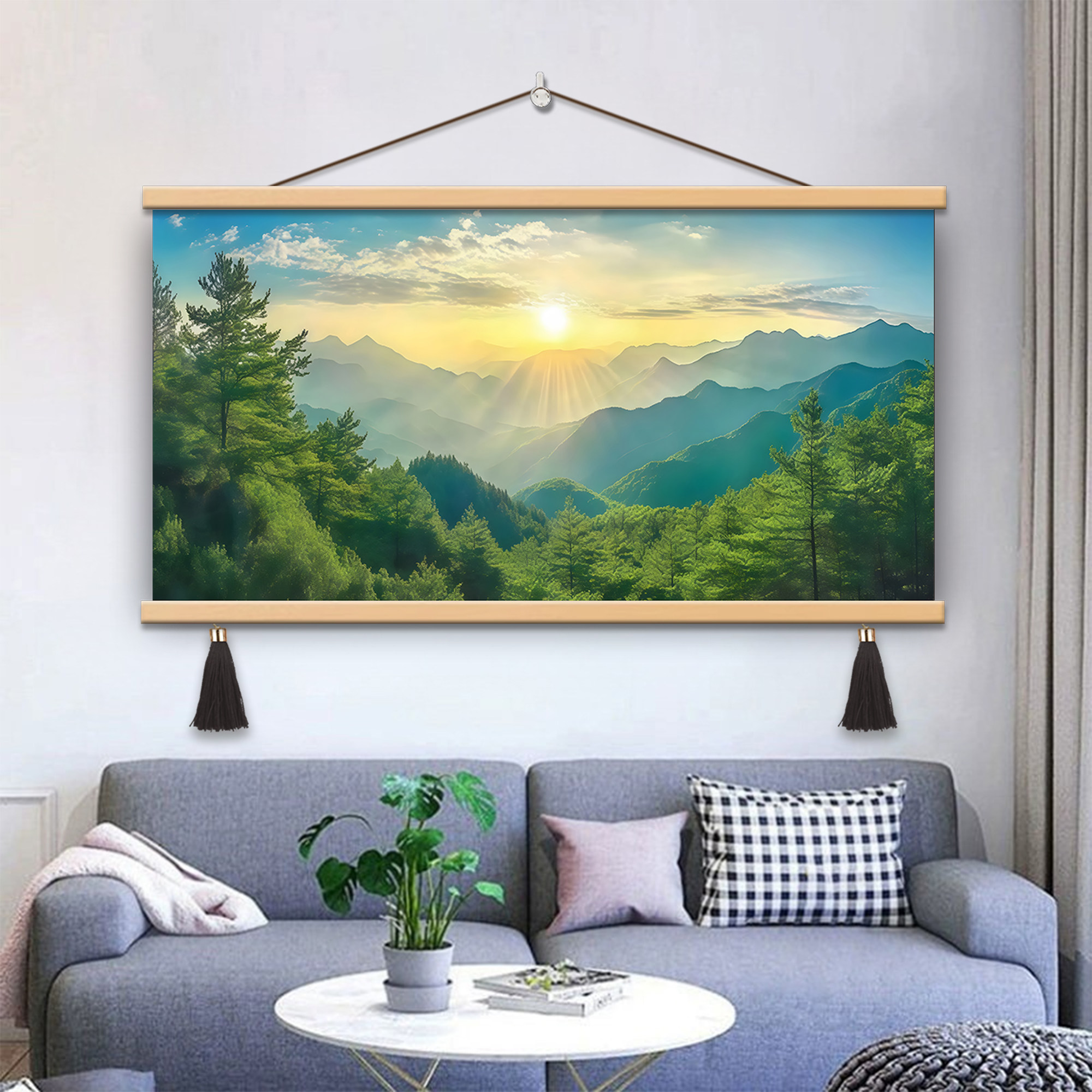 东方现代简约旭日东升客厅背景墙装饰画靠山自然风景画沙发挂画
