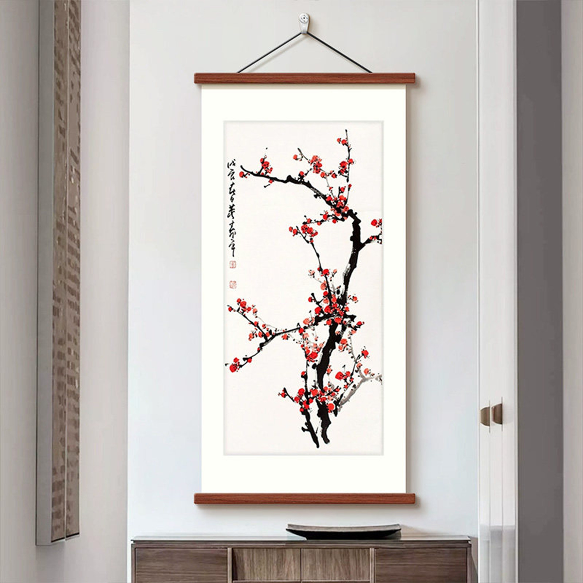 喜上眉梢挂画玄关装饰画新中式入户走廊过道背景墙壁画梅花图竖版
