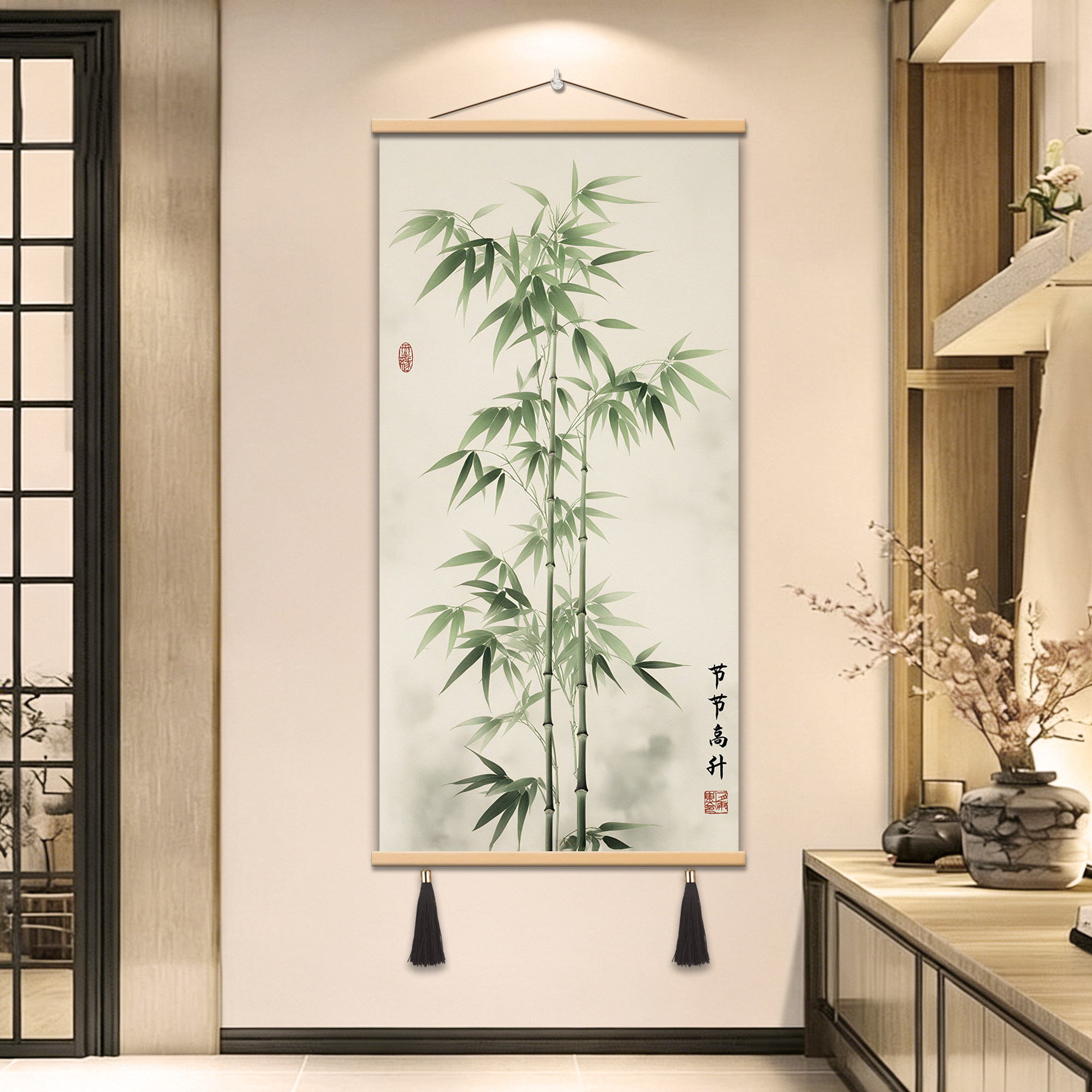 中式竹子装饰画客厅挂画北欧风风景画可定制无框油画布