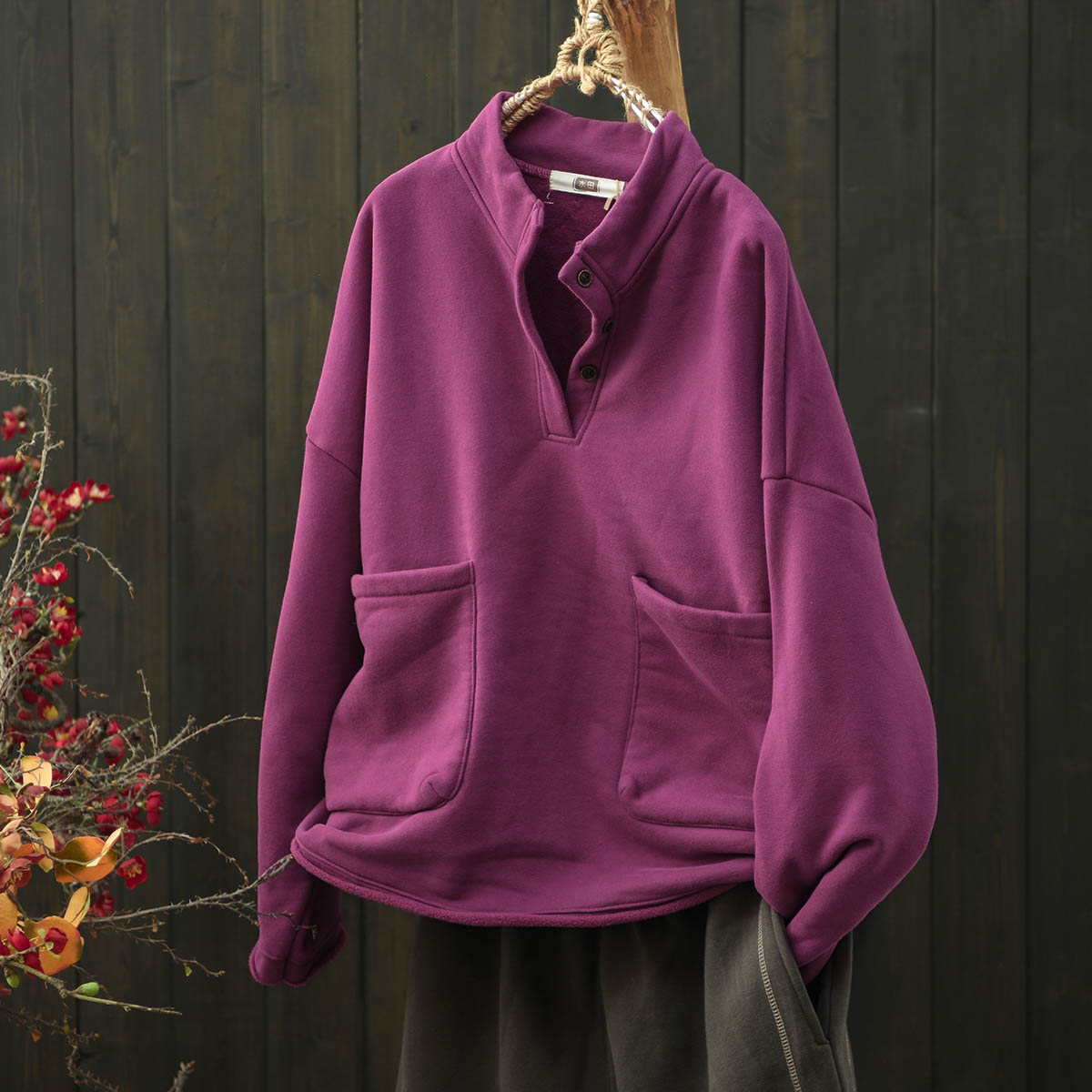 默念文艺半开襟加绒加厚卫衣长袖女秋冬宽松大码休闲保暖上衣外套