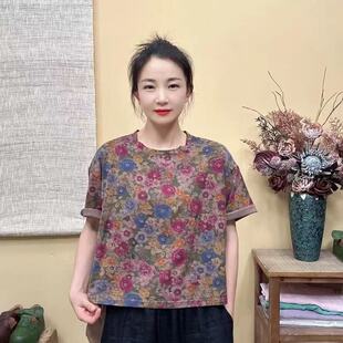 夏季新款原创设计复古炒色宽松圆领短袖上衣体恤(衣长52胸围118