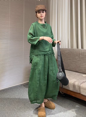 文艺绿色苎麻套装女夏季新款宽松休闲显瘦不规则上衣阔腿裤两件套