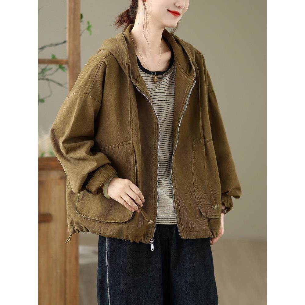 秋季新款宽松大码女士短款棉质休闲连帽大口袋外套上衣韩版休闲