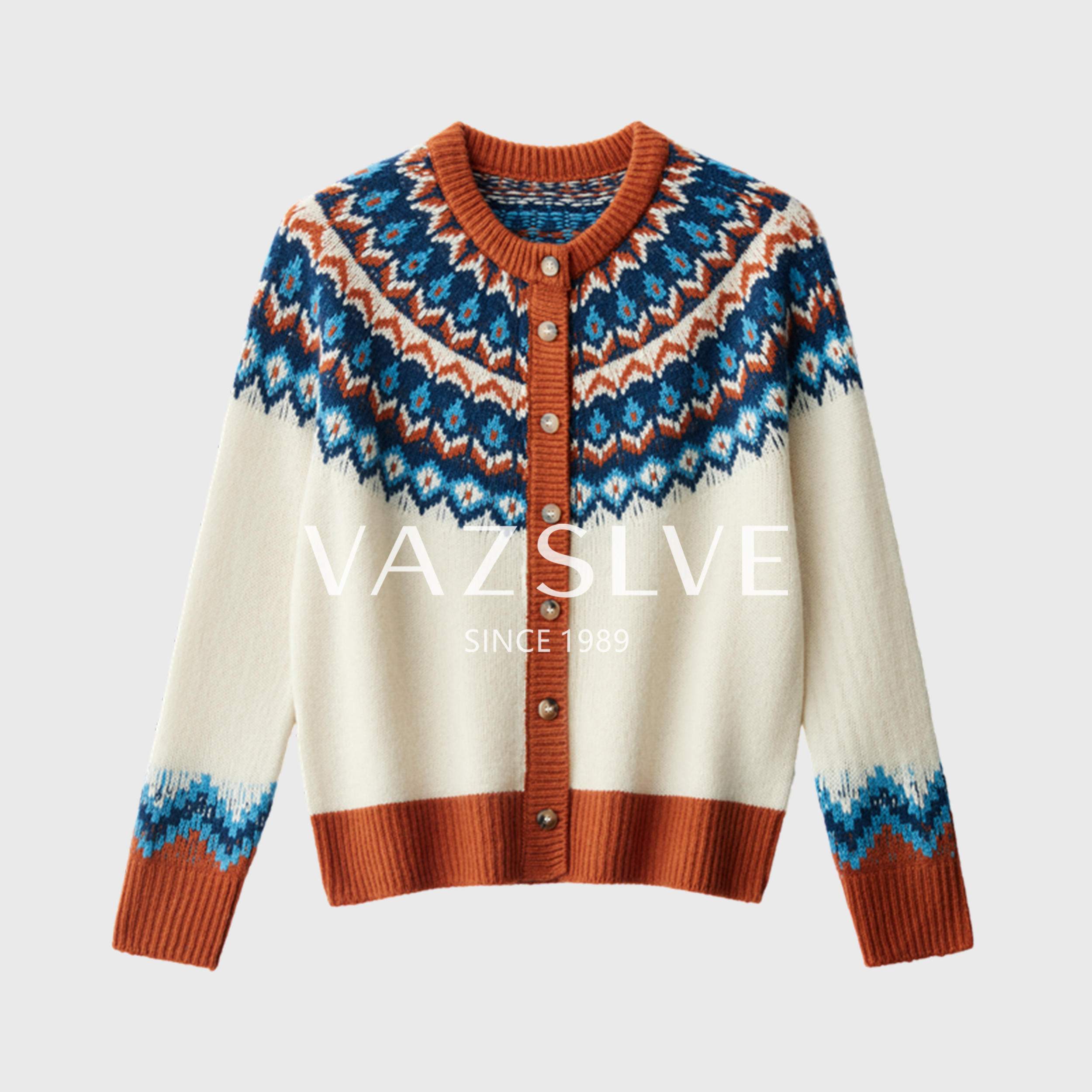 【100%绵羊毛】高级费尔岛提花开衫外套复古圆领显瘦毛衣显瘦开衫