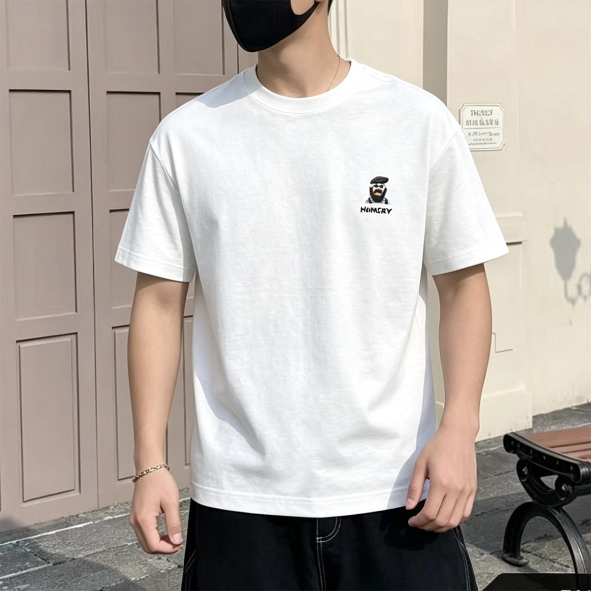 新款极简刺绣小人头男士款白色短袖T恤圆领休闲百搭时尚潮流上衣t