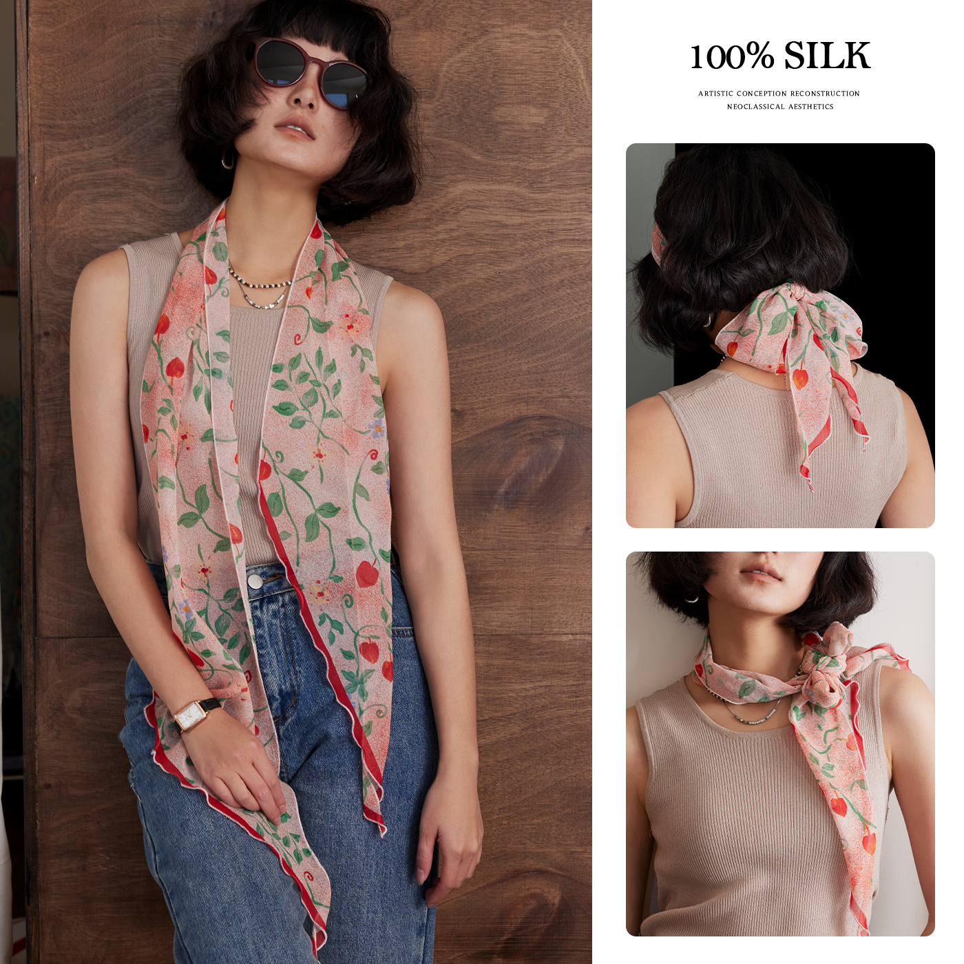 盈妹粉色桑蚕丝丝巾礼盒装送女友