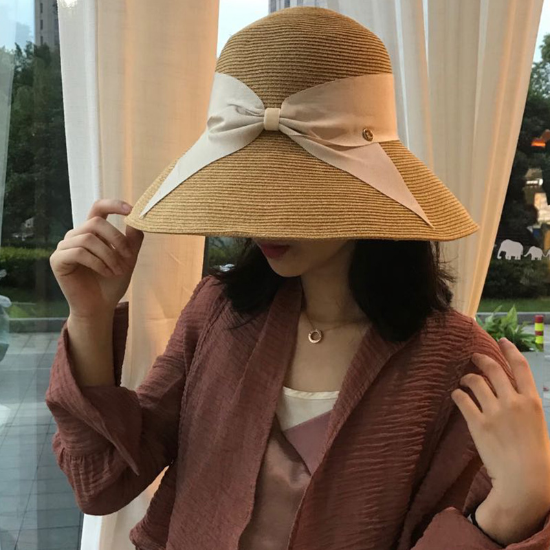 日本UV防晒帽子刘亦菲同款草帽可折叠蝴蝶结百搭遮阳大头围渔夫帽