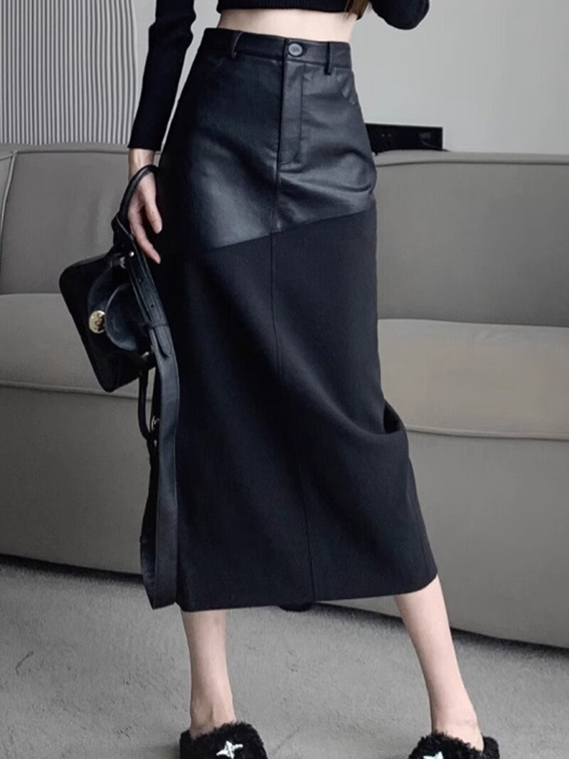 高级感PU皮拼接黑色半身裙女春秋2025新款高腰中长款后开叉包臀裙
