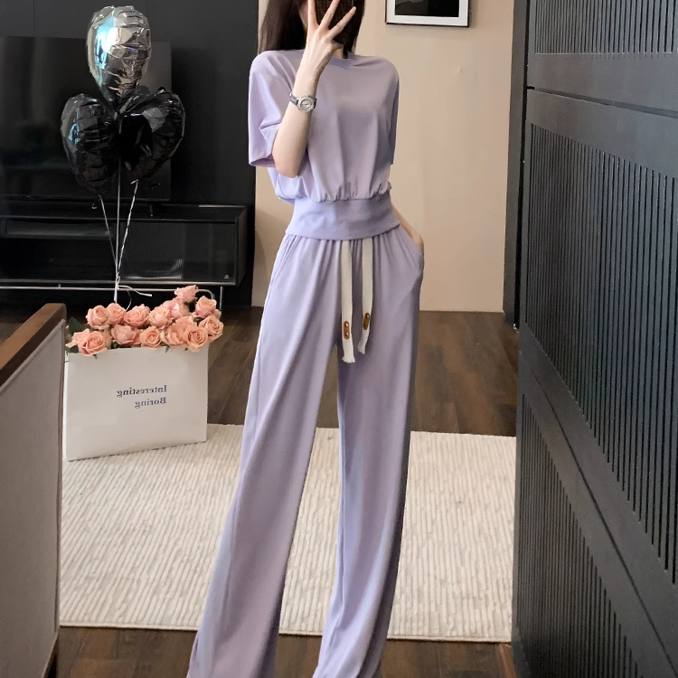 高级感紫色休闲运动套装女2025新款夏季时尚减龄气质阔腿裤两件套