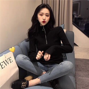 2025年春秋新款修身黑色半拉链针织打底衫立领毛衣女内搭高领上衣