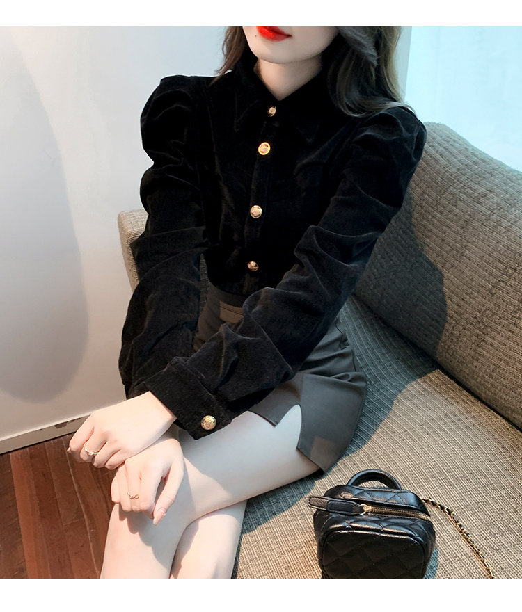 法式宫廷风丝绒衬衫女秋冬2025新款欧货高端女装打底黑色加绒上衣