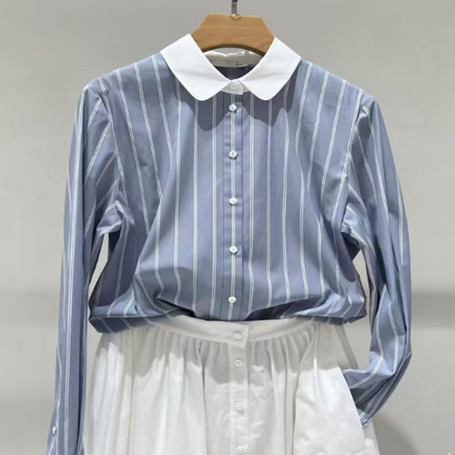 现货OVV2025秋冬新款棉经典清爽条纹长袖休闲衬衫女GNEAJ35108A