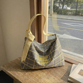 甜美格子帆布包包女2026新款 潮时尚 撞色字母托特包大容量腋下包