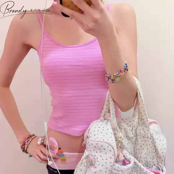 Brandy Bm American Style Spicy Girl Striped Short Camisole Bm Slim Fit Rose Red Top and Shorts Set