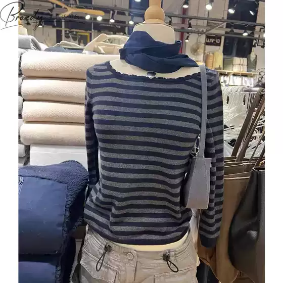 Brandy Melville American Casual Scalloped Crewneck Striped Knit Top BM Pullover Crewneck Long Sleeve Sweater