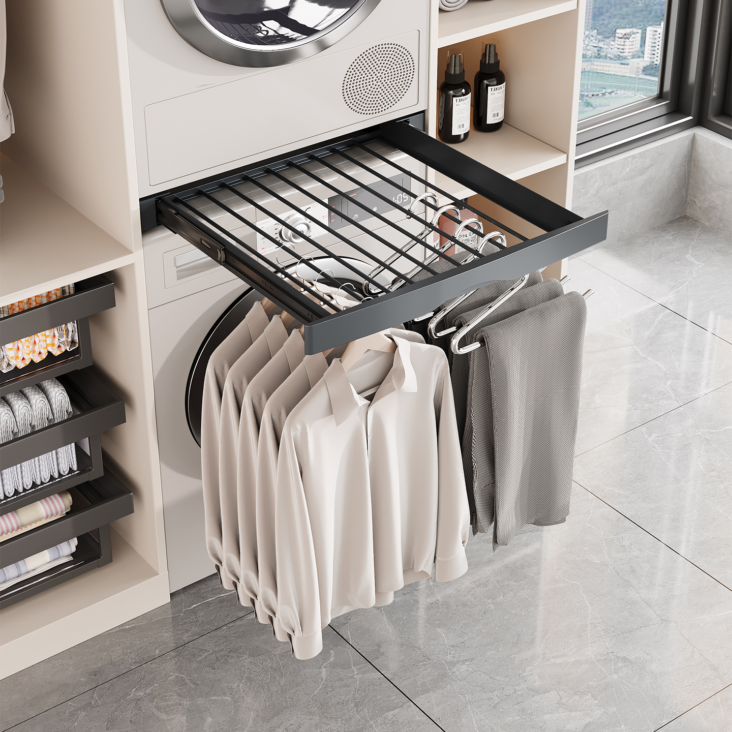 三合一洗烘套装晾衣架阳台洗衣机抽拉衣架上方伸缩式隐形裤架