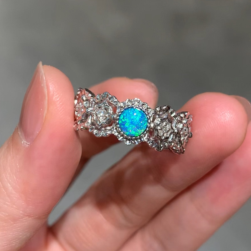 定制伊嘉甸澳洲欧泊戒指地球彩欧泊18k白金钻石镶嵌复古布契拉提