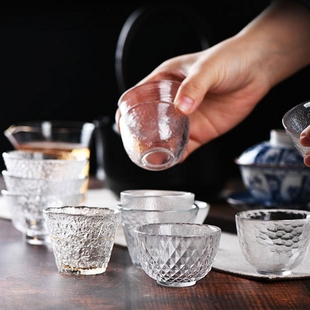 日式 玻璃小茶杯功夫茶品茗杯初雪主人杯茶具锤纹单杯普洱喝茶杯子