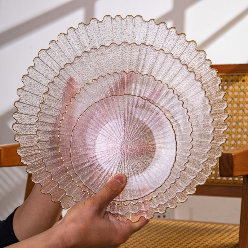 金边透明玻璃果盘羽毛花棱盘沙拉水果盘干果小吃碟无铅水晶玻璃盘