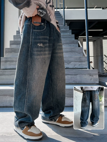 Штаны для мальчиков, осенние детские весенние прямые свободные джинсы, подходит для подростков