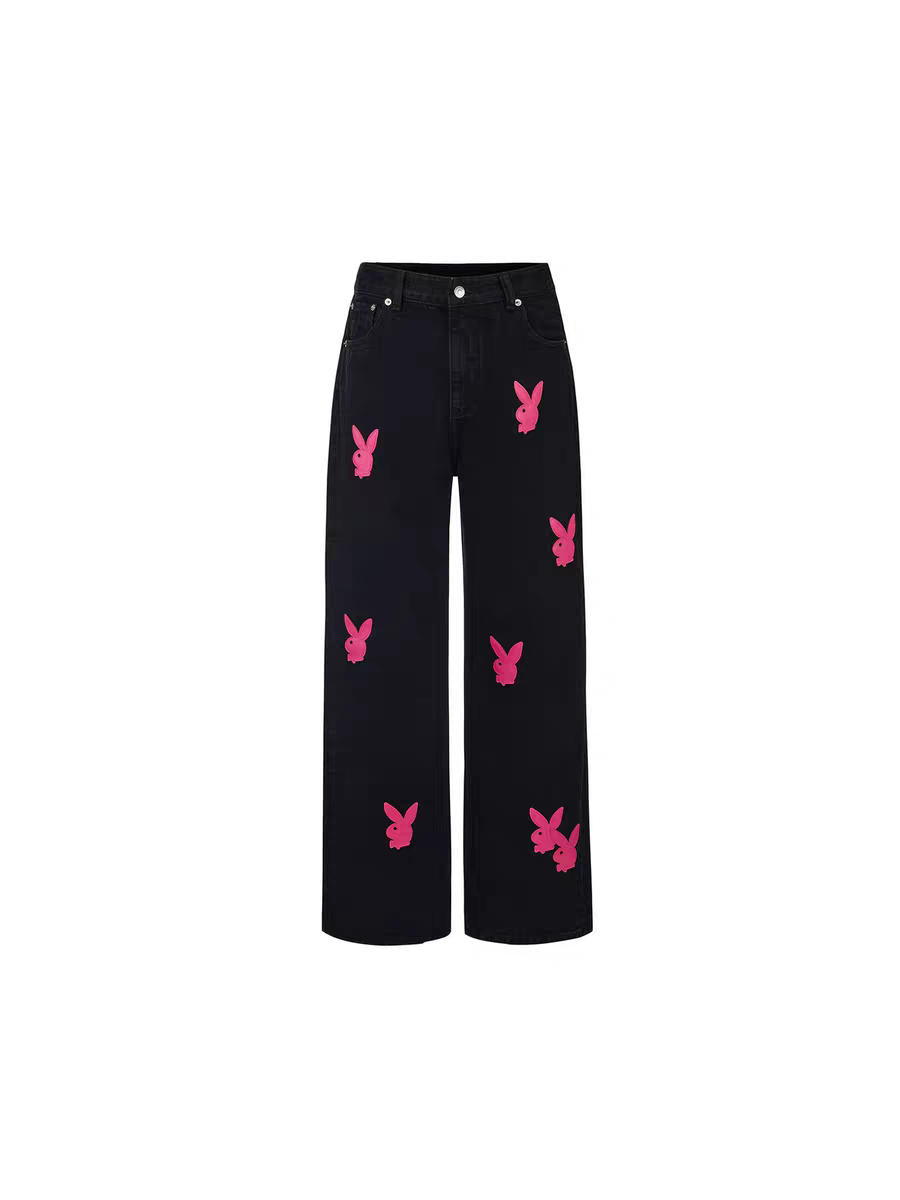 GOODBRAND x PLAYBOY 25FW满印粉色贴皮logo牛仔裤 男女同款