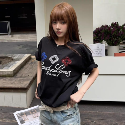 GOODBRAND撞色小花标语烫钻短袖 夏季轻奢时尚高级感T恤 男女同款