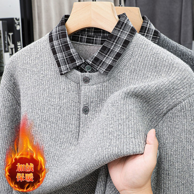 假两件格拼接POLO领针织衫