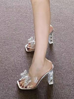 Bow high heels for women, summer 2026, water diamond thick heel transparent flip-flops, new silver square-toed crystal sandals thumbnail 3