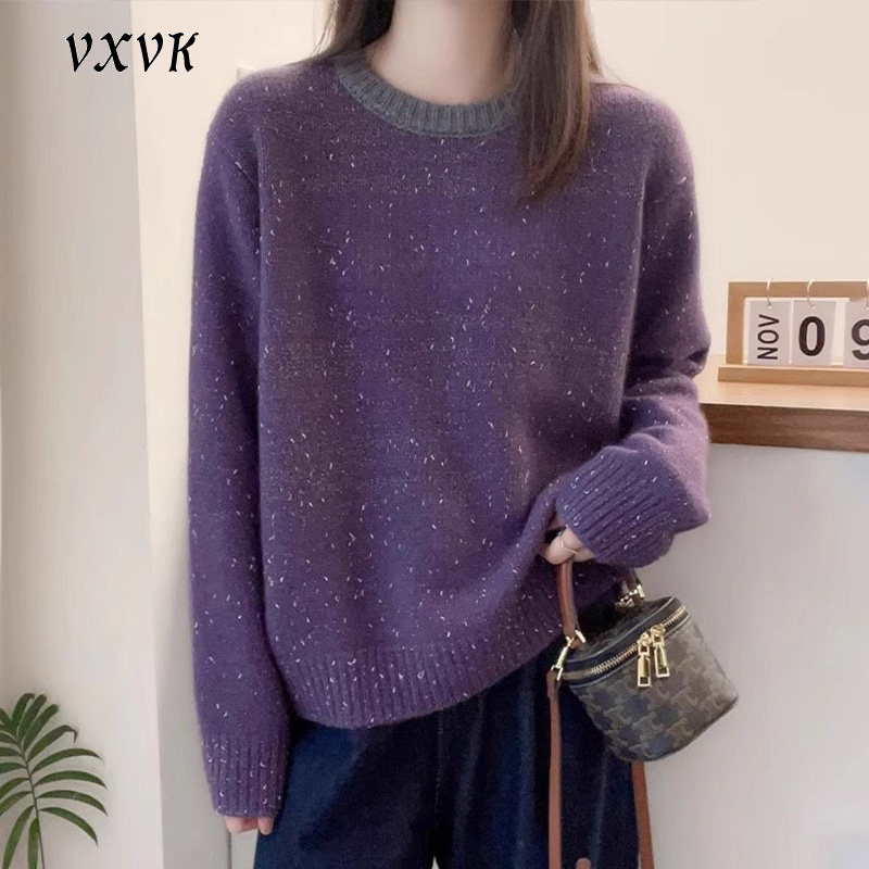 紫色浣熊绒撞色毛衣女秋冬圆领宽松软糯针织衫高端羊绒套头上衣潮