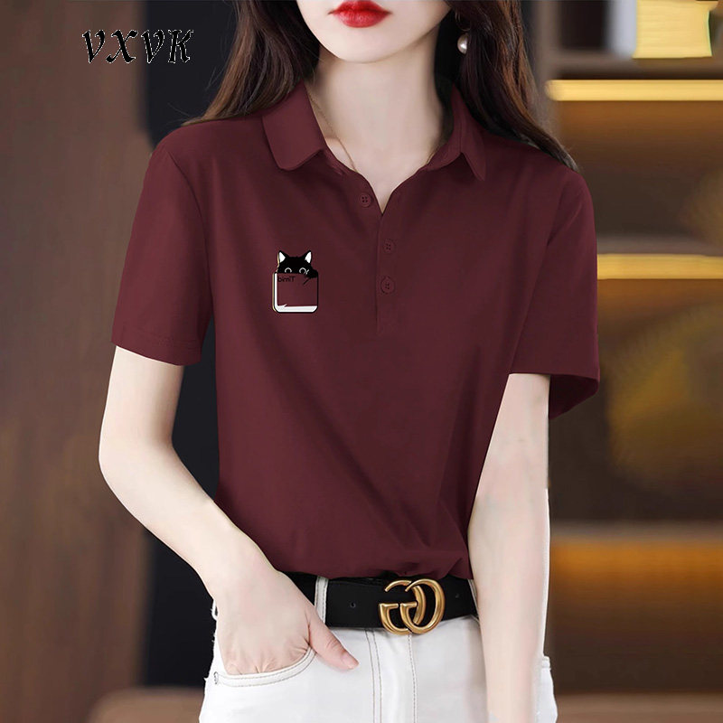 酒红色印花短袖T恤女2025夏季大尺码POLO翻领宽松显瘦纯棉内搭上