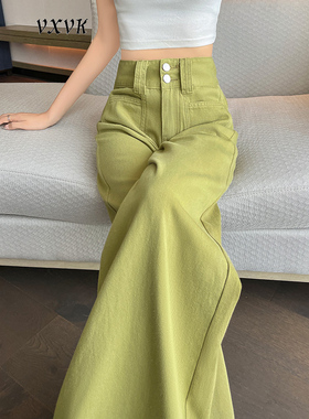 牛油果绿色阔腿牛仔裤女2025夏季薄款高腰宽松遮肉显瘦拖地直筒裤