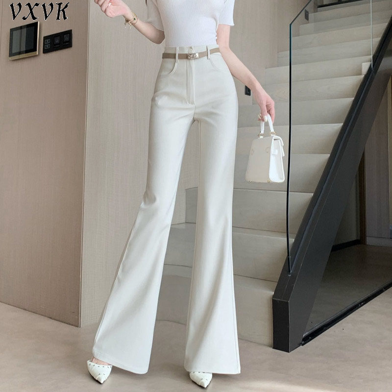 高端米白色微喇西装裤女2026春夏高腰修身垂感显瘦拖地休闲喇叭裤