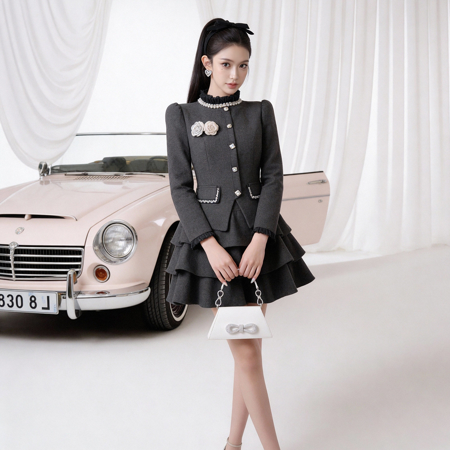 灰色西装连衣裙女气质礼服高端轻奢高级感小个子长袖蛋糕裙短裙子