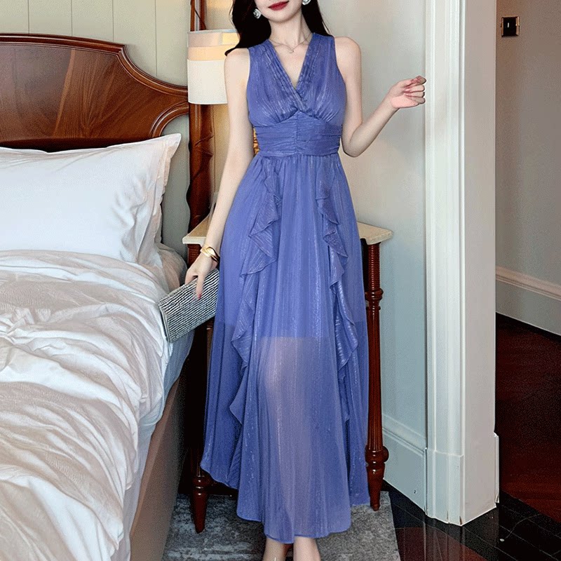 优雅紫色无袖连衣裙夏季新款简约大方荷叶边气质收腰显瘦礼服长裙