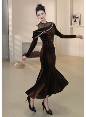 名媛高领秋冬鱼尾裙拼接法式连衣裙56083