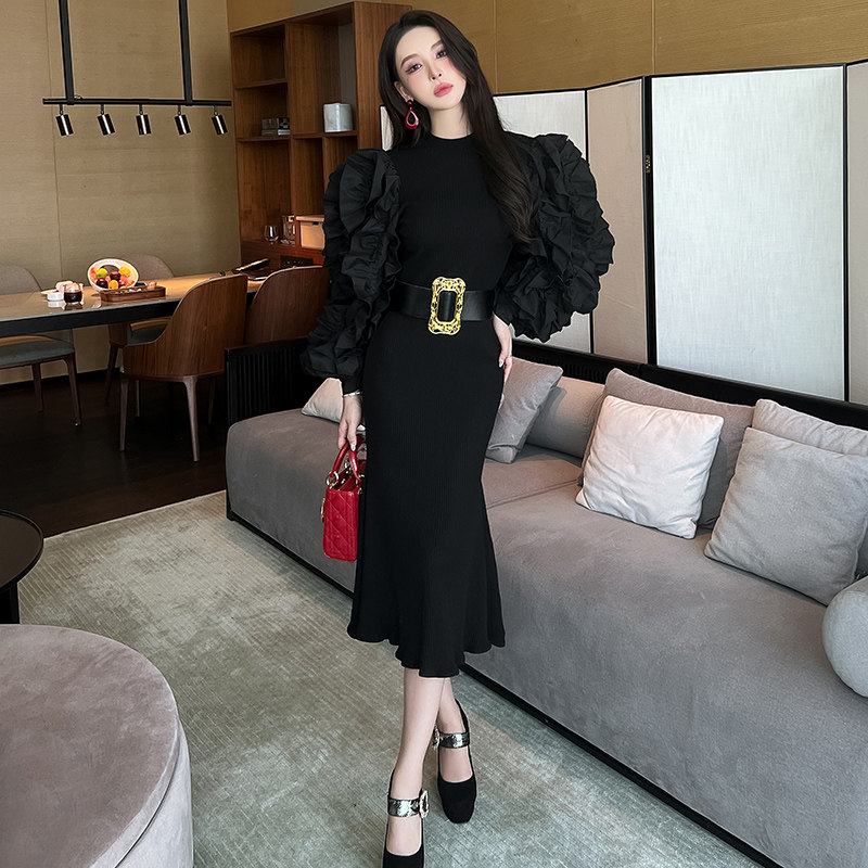 针织连衣裙春季2026新款女修身显瘦晚礼服御姐风木耳边长袖鱼尾裙