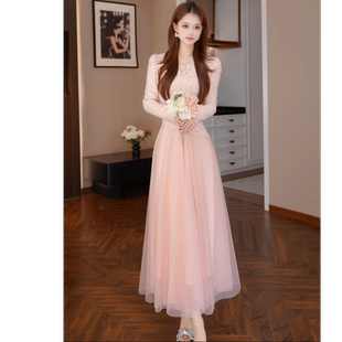 粉色减龄新款拼接蕾丝优雅千金风V领连衣裙 45463