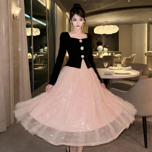 粉色连衣裙女气质法式小资特别漂亮的裙子假两件丝绒裙子宴会礼服
